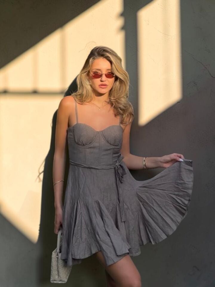 Lana Elbise – Korseli Bel Bağlamalı Mini Elbise
